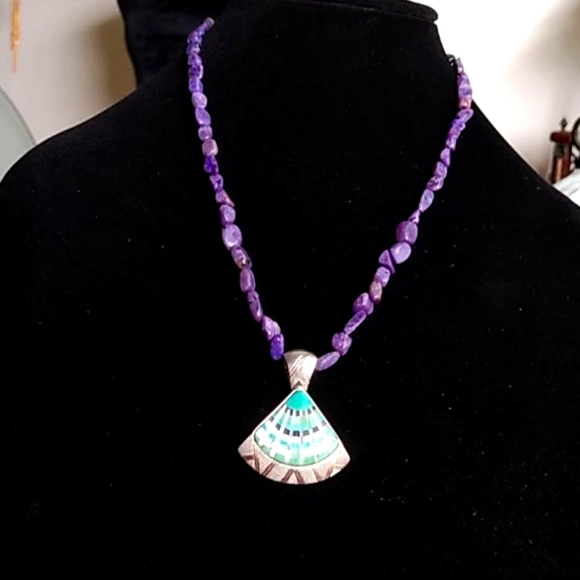 C. POLLACK TURQUOISE & STERLING SILVER FAN PENDENT - Picture 2 of 8